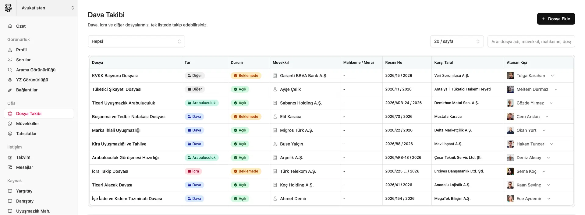 Dava takibi arayüzü görseli