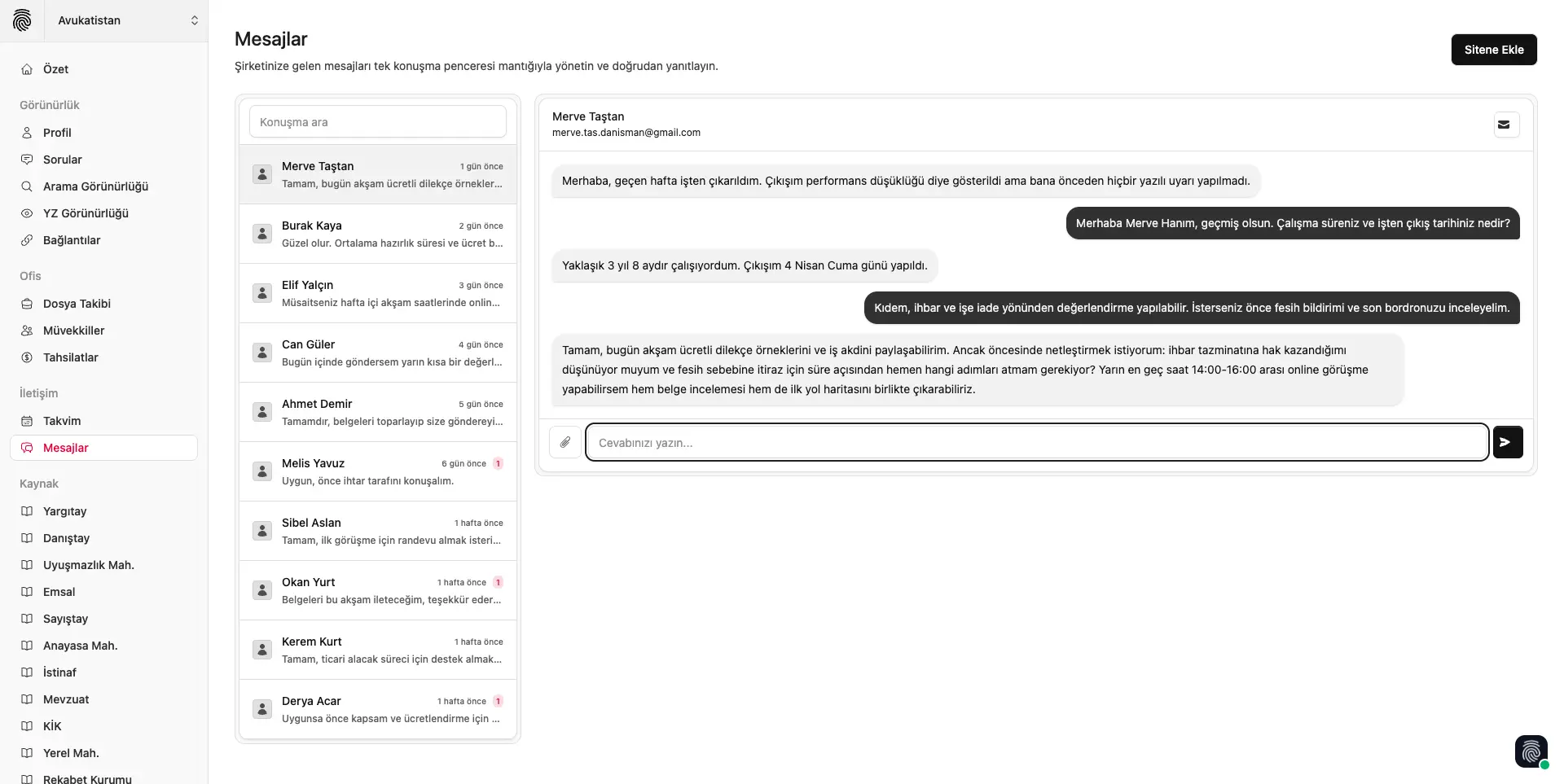 Mesaj sistemi ve müvekkil iletişimi arayüzü görseli