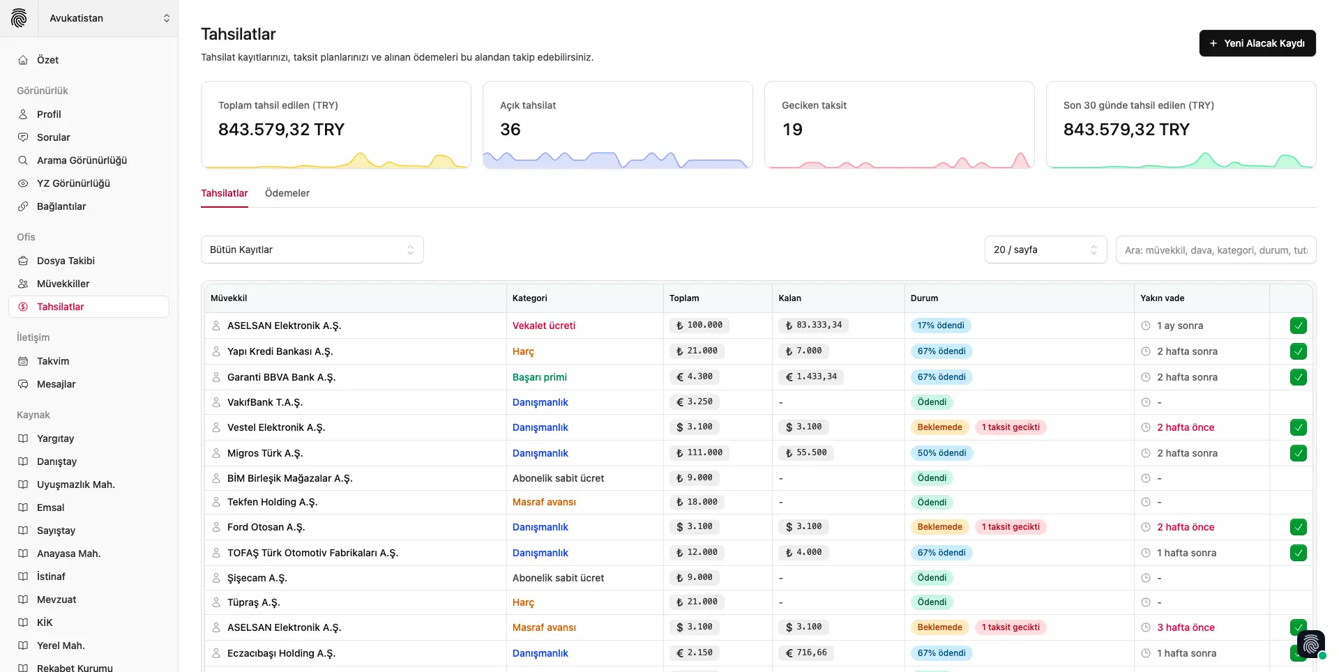 Tahsilat takibi arayüzü görseli